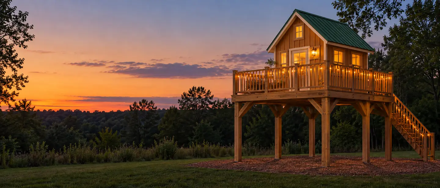 A playhouse on posts with its porch lit under a green roof at sunset, a wide lawn in front