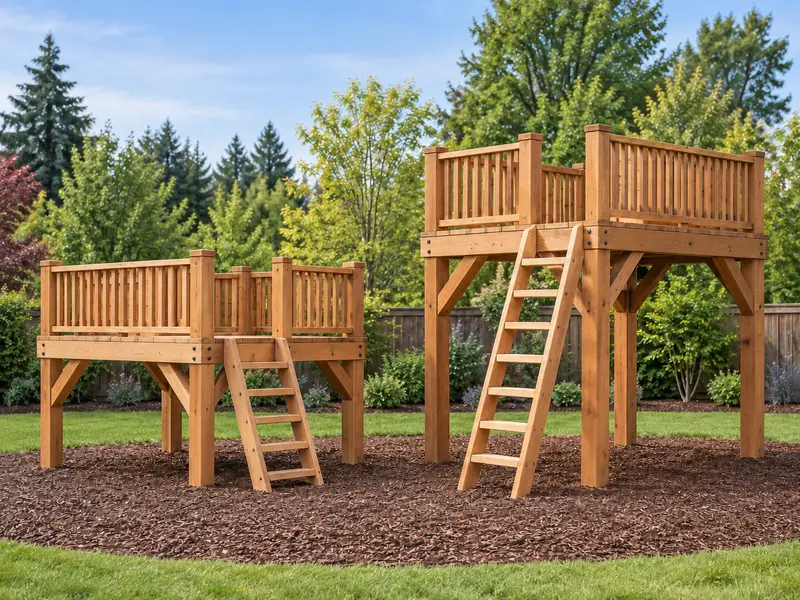 Two open decks on posts at different heights, each with a guard and a ladder, over wood chips