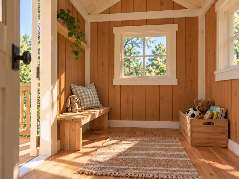 Inside a playhouse: a window, a bench with a cushion, a toy chest and a rug on a wood floor